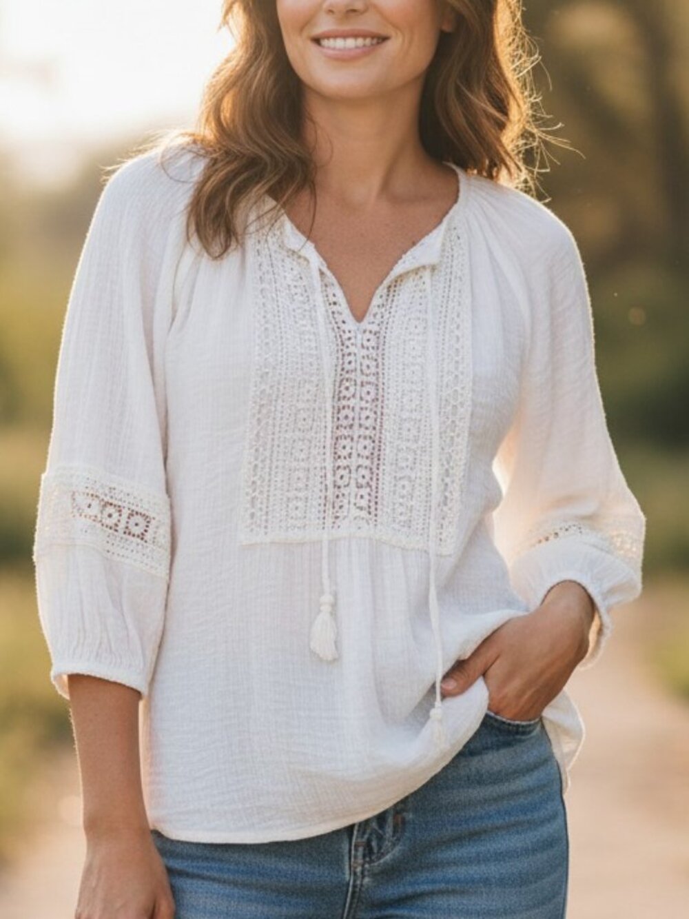 Kate and Sam Sheer White  3/4 Sleeve Boho Tie Tunic